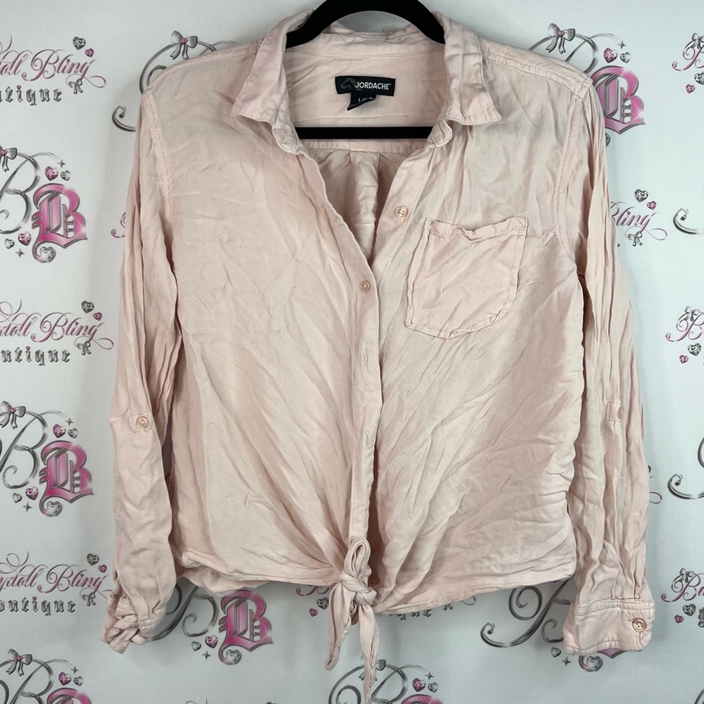 Jordache button up front tie up ribbon baby Light Pink Women's Top